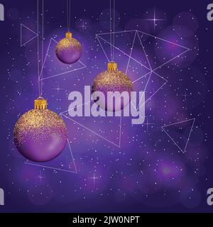 Kosmisch-violetter Hintergrund mit Sternen, Dreiecken und Weihnachtskugeln oder Kugeln. Stock Vektor