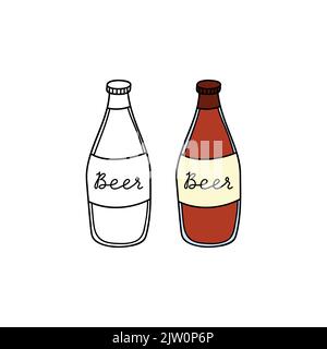 Doodle Umriss und gefärbtes Bier in Glasflasche isoliert auf weißem Hintergrund. Stock Vektor