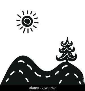 Einfaches skandinavisches Poster mit schwarzen Doodle-Hügeln, Tannenbaum und Sonne auf weißem Hintergrund. Stock Vektor