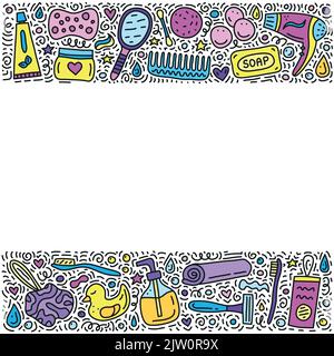 Poster mit kritzelfarbenen Badezimmer und Hygiene-Icons, Symbole um. Stock Vektor