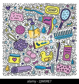 Set von Doodle farbigen Badezimmer und Hygiene-Symbole auf weißem Hintergrund isoliert. Stock Vektor