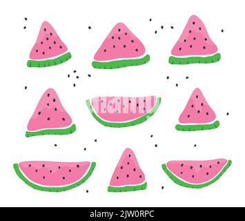 Set von bunten Doodle Wassermelone Scheiben mit Samen isoliert auf weißem Hintergrund. Stock Vektor