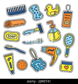 Set von Doodle farbigen Badezimmer und Hygiene-Aufkleber auf weißem Hintergrund isoliert. Stock Vektor