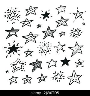Satz verschiedener Doodle-Sterne auf weißem Hintergrund isoliert. Stock Vektor