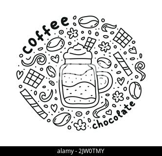 Poster mit niedlichem Doodle-Schokoladenkaffee und Bohnen, Waffeln, Gewürzen, Punkten um. Stock Vektor