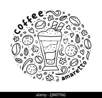 Poster mit niedlichem Doodle Amaretto Kaffee-Getränk und Bohnen, Kekse, Gewürze, Punkte um. Stock Vektor