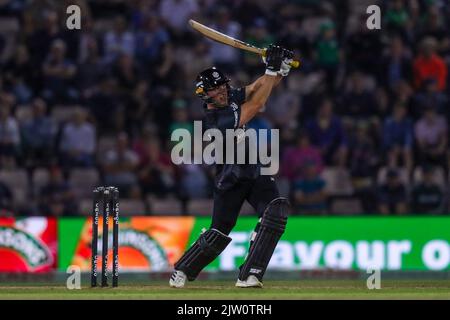 Laurie Evans von Manchester Originals während des 100-Matches Manchester Originals gegen London Spirit Men beim Ageas Bowl, Southampton, Großbritannien, 2.. September 2022 (Foto von Ben Whitley/News Images) Stockfoto