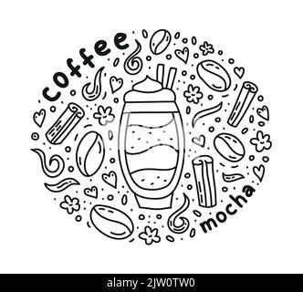 Poster mit niedlichem Doodle-Mokka-Kaffeegetränk und Bohnen, Gewürzen, Blumen, Punkten um. Stock Vektor