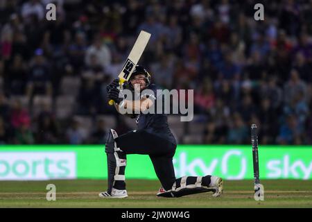 Southampton, Großbritannien. 02. September 2022. Laurie Evans von Manchester Originals während des 100-Matches Manchester Originals gegen London Spirit Men beim Ageas Bowl, Southampton, Vereinigtes Königreich, 2.. September 2022 (Foto von Ben Whitley/News Images) in Southampton, Vereinigtes Königreich am 9/2/2022. (Foto von Ben Whitley/News Images/Sipa USA) Quelle: SIPA USA/Alamy Live News Stockfoto