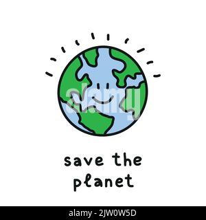 Doodle farbigen Smiley Earth Planet mit Schriftzug speichern den Planeten isoliert auf weißem Hintergrund. Stock Vektor