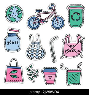 Satz von bunten Aufklebern oder Patches mit Symbolen ohne Abfall auf weißem Hintergrund. Stock Vektor