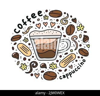 Poster mit niedlichem Doodle Cappuccino-Kaffeegetränk und Bohnen, Keksen, Gewürzen, Punkten um. Stock Vektor