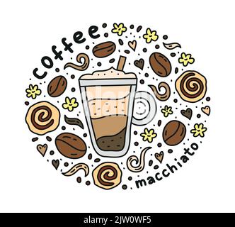 Poster mit niedlichem Doodle Macchiato-Kaffeegetränk und Bohnen, Keksen, Gewürzen, Punkten um. Stock Vektor