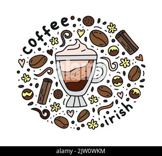 Poster mit niedlichem Doodle irish Coffee Drink und Bohnen, Bonbons, Gewürzen, Punkten um. Stock Vektor