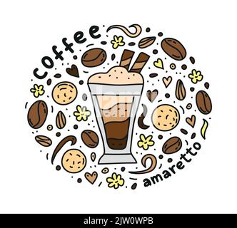 Poster mit niedlichem Doodle Amaretto Kaffee-Getränk und Bohnen, Kekse, Gewürze, Punkte um. Stock Vektor