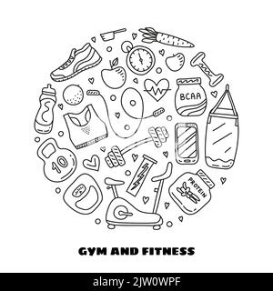 Doodle skizzieren Fitness-und Fitness-Symbole in Kreisform zusammengesetzt. Stock Vektor