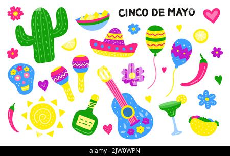 Set von Kritzeln bunte Symbole für Cinco de Mayo Feier isoliert auf weißem Hintergrund. Stock Vektor