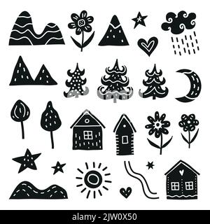 Set von niedlichen Doodle skandinavische Symbole auf weißem Hintergrund isoliert. Stock Vektor