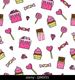 Nahtloses Muster mit rosa Doodle Desserts und Süßigkeiten. Stock Vektor