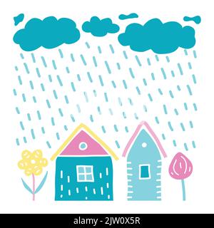 Niedliche skandinavische Doodle Häuser, Baum, Blumen und Regenwolken isoliert auf weißem Hintergrund. Stock Vektor