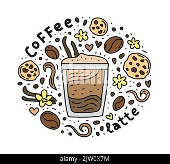 Poster mit niedlichem Doodle Latte-Kaffeegetränk und Bohnen, Keksen, Gewürzen, Punkten. Stock Vektor