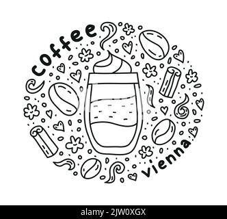 Poster mit niedlichem Doodle wiener Kaffeetrink und Bohnen, Gewürzen, Punkten um. Stock Vektor