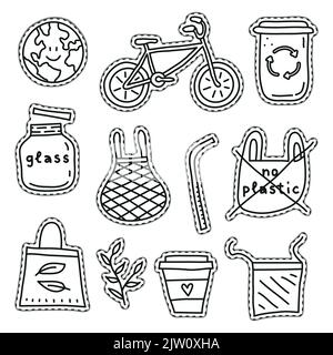 Satz von unfarbigen Aufklebern oder Patches mit Symbolen ohne Abfall auf weißem Hintergrund. Stock Vektor