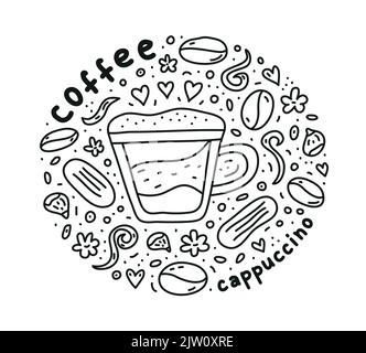 Poster mit niedlichem Doodle Cappuccino-Kaffeegetränk und Bohnen, Keksen, Gewürzen, Punkten um. Stock Vektor