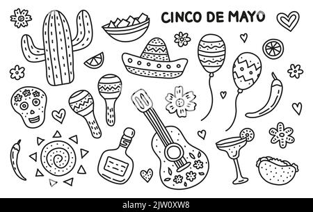 Set von Doodle skizzieren Symbole für Cinco de Mayo Feier isoliert auf weißem Hintergrund. Stock Vektor