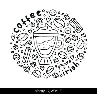 Poster mit niedlichem Doodle irish Coffee Drink und Bohnen, Bonbons, Gewürzen, Punkten um. Stock Vektor