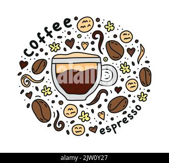 Poster mit niedlichem Doodle Espresso-Kaffee-Getränk und Bohnen, Kekse, Gewürze, Punkte um. Stock Vektor