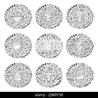 Set von niedlichen Kompositionen mit Doodle skizzieren Kaffee Getränke, Schriftzüge und andere Elemente isoliert auf weißem Hintergrund. Stock Vektor