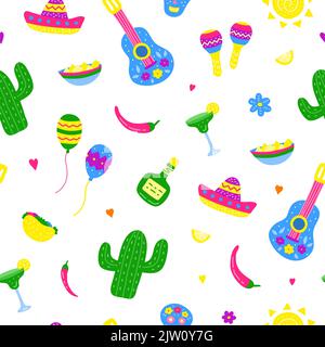 Nahtloses Muster mit bunten Kritzelsymbolen aus dem Cinco de Mayo. Stock Vektor