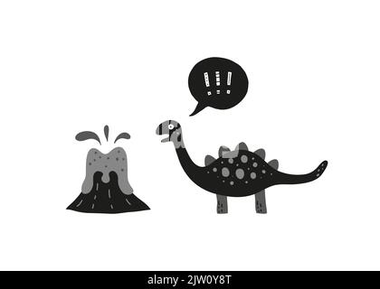 Der verängstigte Dinosaurier schaut auf den ausbrechenden Vulkan. Doodle-Illustration im skandinavischen Stil. Stock Vektor