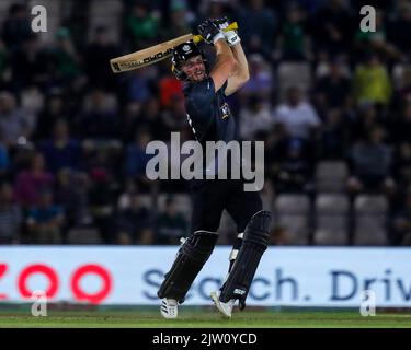 Southampton, Großbritannien. 02. September 2022. Laurie Evans von Manchester Originals während des 100-Matches Manchester Originals gegen London Spirit Men beim Ageas Bowl, Southampton, Vereinigtes Königreich, 2.. September 2022 (Foto von Ben Whitley/News Images) in Southampton, Vereinigtes Königreich am 9/2/2022. (Foto von Ben Whitley/News Images/Sipa USA) Quelle: SIPA USA/Alamy Live News Stockfoto