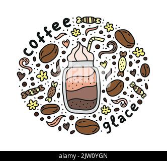 Poster mit niedlichem Doodle Glace Kaffee-Getränk und Bohnen, Süßigkeiten, Gewürze, Punkte um. Stock Vektor
