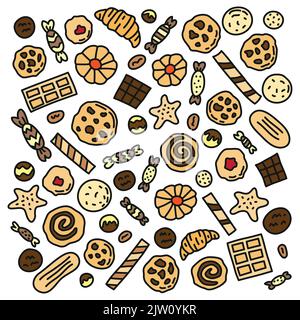 Set von kritzelfarbenen Keksen, Waffeln und Süßigkeiten auf weißem Hintergrund isoliert. Stock Vektor