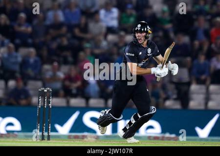 Southampton, Großbritannien. 02. September 2022. Manchester Originals' Tristan Stubbs während des 100-Matches Manchester Originals gegen London Spirit Men beim Ageas Bowl, Southampton, Vereinigtes Königreich, 2.. September 2022 (Foto von Ben Whitley/News Images) in Southampton, Vereinigtes Königreich am 9/2/2022. (Foto von Ben Whitley/News Images/Sipa USA) Quelle: SIPA USA/Alamy Live News Stockfoto