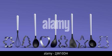 Set aus Ausstechformen aus Metall und Küchenutensilien aus Holz auf violettem Hintergrund. 3D Wiedergabe von Küchengeräten und Zubehör für das Kochen Stockfoto