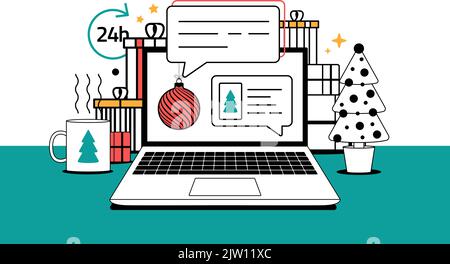 Online weihnachtsgrüße Konzept Linie Vektor Illustration.. Stock Vektor