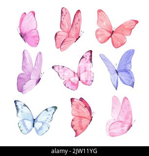Satz von Schmetterlingen auf weißem Hintergrund isoliert. Aquarell. Abbildung. Vorlage, blau, gelb, rosa und violett Schmetterling Frühling Illustration. Stockfoto