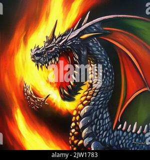 Fantasy böse Drachen Porträt. Surreale Kunstwerke von Danger Dragon aus der mittelalterlichen Mythologie. Ölgemälde Kunst Stockfoto