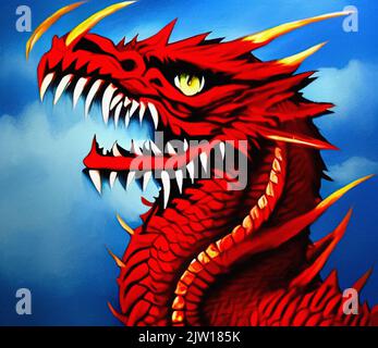 Fantasy böse Drachen Porträt. Surreale Kunstwerke von Danger Dragon aus der mittelalterlichen Mythologie. Ölgemälde Kunst Stockfoto