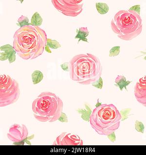 Aquarell Rosen Blumen. Wunderschönes, nahtlos gestimmtes Blumenmuster. Aquarell handgezeichnete botanische Illustration für den Frühling Sommer auf weißem Hintergrund. Drucken von Stockfoto