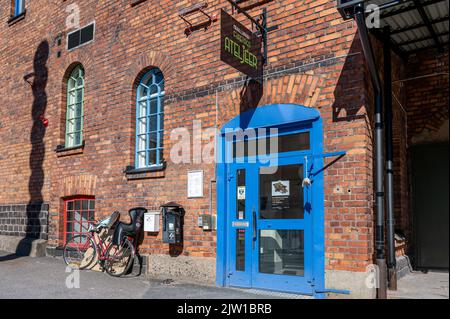 Detail aus dem Kulturblock Hallarna (die Hallen) in Norrkoping. Diese alte Wollfabrik wurde in ein Zentrum für kulturelle Aktivitäten umgewandelt. Stockfoto