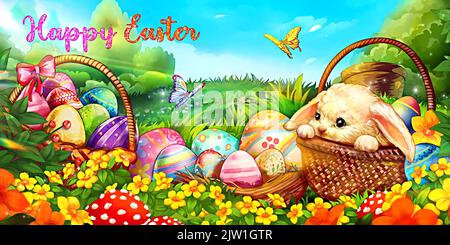 Frohe Ostern, dekorative Eier, Hasen und Schmetterlinge im Blumengarten Stockfoto