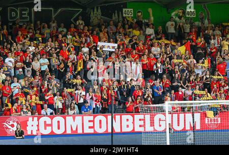 Heverlee, Belgien. 02. September 2022. Belgische Fans und Unterstützer, die während des Spiels zwischen der belgischen Nationalmannschaft der Frauen, den Roten Flammen und Norwegen, in Heverlee, Belgien, am Freitag, 02. September 2022, im Spiel 9 (von zehn) in der Gruppe F der Qualifikationsgruppe für die Weltmeisterschaft der Frauen 2023 abgebildet wurden. BELGA FOTO DAVID CATRY Kredit: Belga Nachrichtenagentur/Alamy Live News Stockfoto