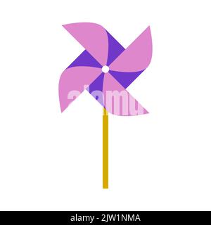 Rosafarbene und violette Windrad oder Spinning Windmill mit Stick-Symbol-Symbol. Vektorbild. Stock Vektor