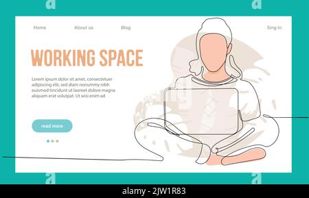 Coworking Space Landing Page Flache Cartoon-Vorlage. Freiberufler-Team arbeitet online auf Laptop. Mitarbeiter Im Unternehmen Gemeinsam Nutzen Öffnen Sie Den Arbeitsbereich. Vektordarstellung „Umriss“ Stock Vektor