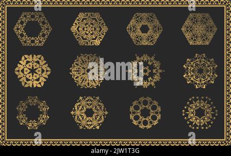 Polygonform Gold Mandala Ornament Set, Luxus florale Ornament, Vintage Frame, gut für den Hintergrund, Hochzeitseinladung, Poster, Social Media, Greetin Stock Vektor